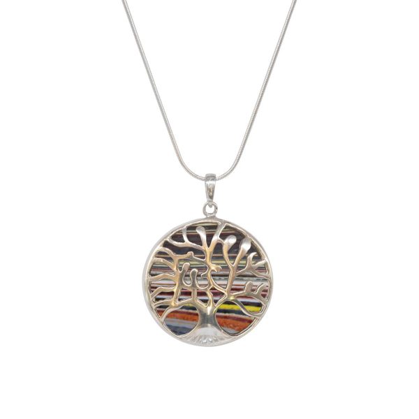 White Gold Fordite Round Double Sided Tree of Life Pendant