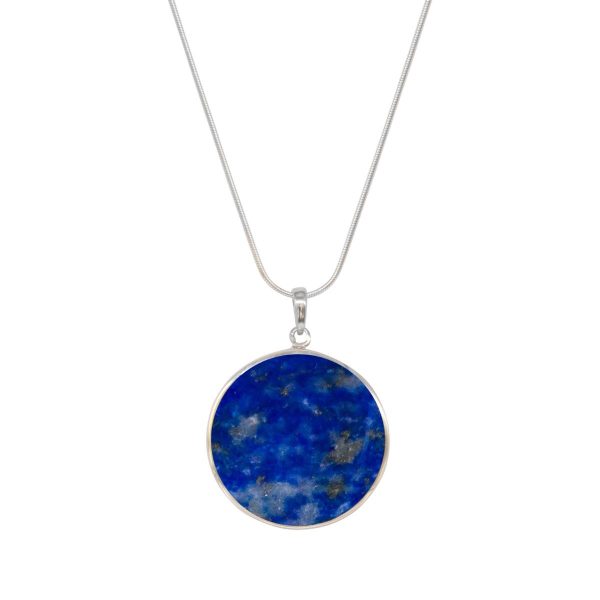 White Gold Lapis Round Double Sided Tree of Life Pendant