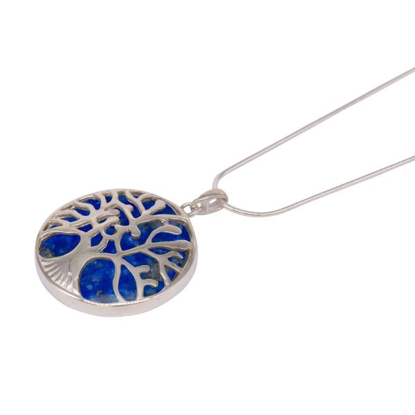 White Gold Lapis Round Double Sided Tree of Life Pendant