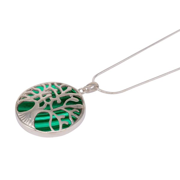 White Gold Malachite Round Double Sided Tree of Life Pendant