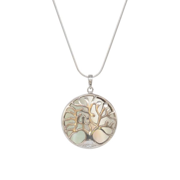 White Gold Mother of Pearl Round Double Sided Tree of Life Pendant