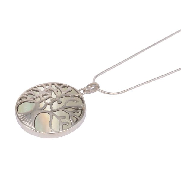 White Gold Mother of Pearl Round Double Sided Tree of Life Pendant