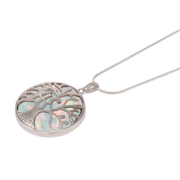 White Gold Opalite Sun Ice Round Double Sided Tree of Life Pendant
