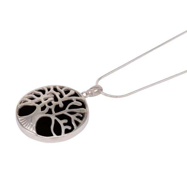 White Gold Whitby Jet Round Double Sided Tree of Life Pendant