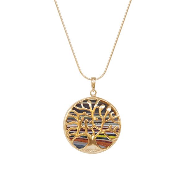 Yellow Gold Fordite Tree of Life Pendant