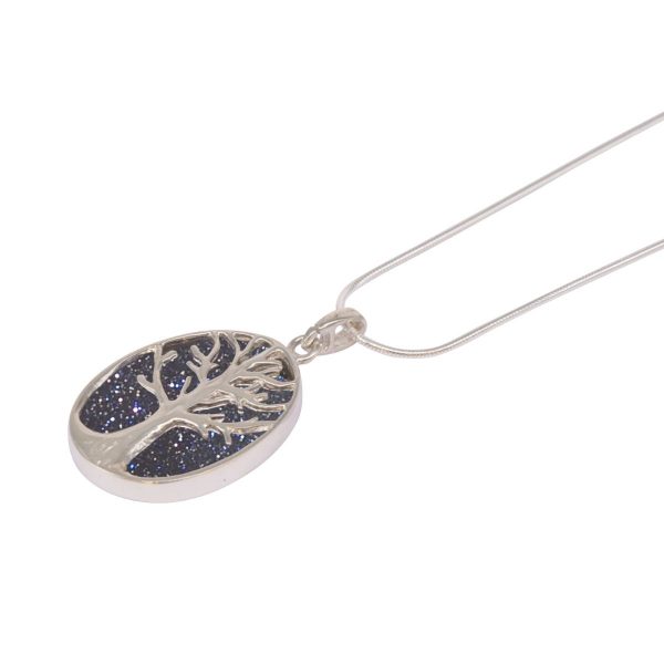 White Gold Blue Goldstone Oval Double Sided Tree of Life Pendant