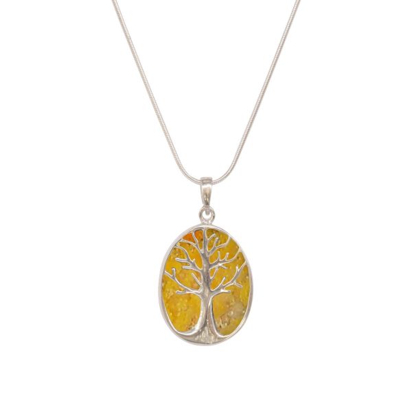 White Gold Bumblebee Jasper Oval Double Sided Tree of Life Pendant