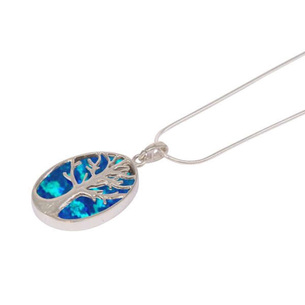 White Gold Opalite Cobalt Blue Oval Double Sided Tree of Life Pendant