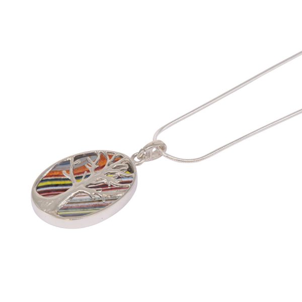 White Gold Fordite Oval Double Sided Tree of Life Pendant