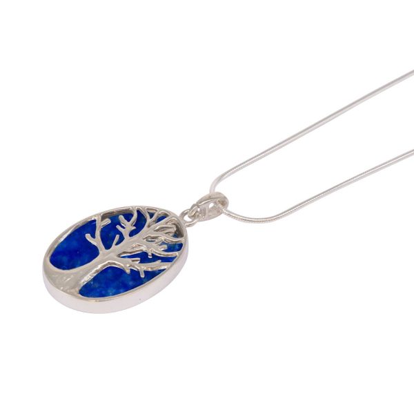 White Gold Lapis Oval Double Sided Tree of Life Pendant