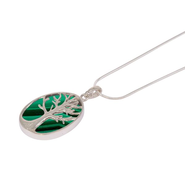 White Gold Malachite Oval Double Sided Tree of Life Pendant