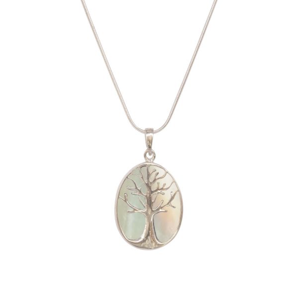 White Gold Mother of Pearl Oval Double Sided Tree of Life Pendant