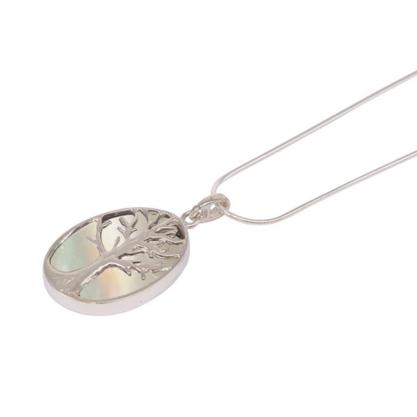 White Gold Mother of Pearl Oval Double Sided Tree of Life Pendant