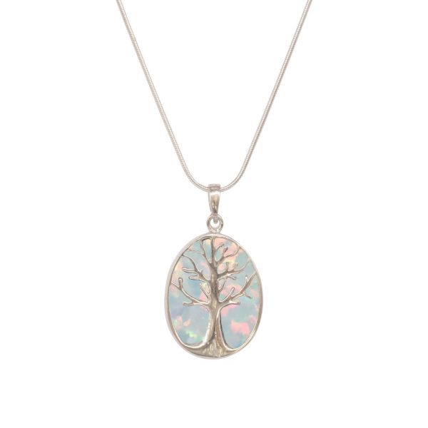 White Gold Opalite Sun Ice Oval Double Sided Tree of Life Pendant