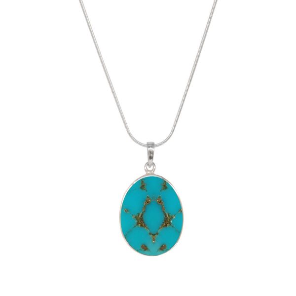 White Gold Turquoise Oval Double Sided Tree of Life Pendant
