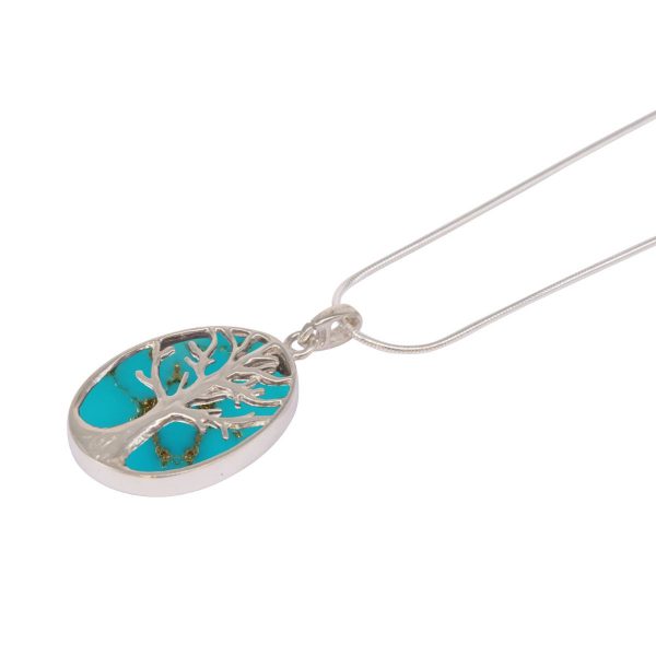 White Gold Turquoise Oval Double Sided Tree of Life Pendant