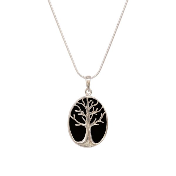 White Gold Whitby Jet Oval Double Sided Tree of Life Pendant