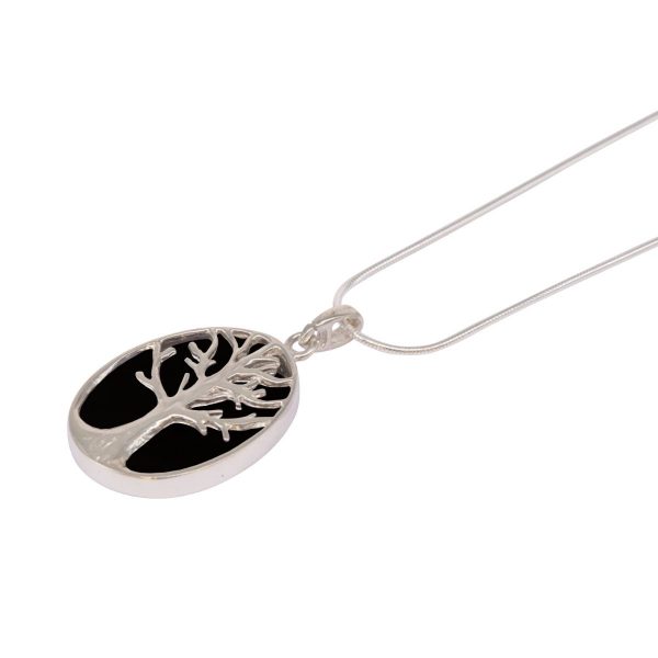 White Gold Whitby Jet Oval Double Sided Tree of Life Pendant