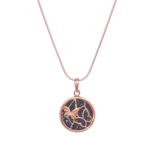 Rose Gold Blue Goldstone Round Butterfly Pendant