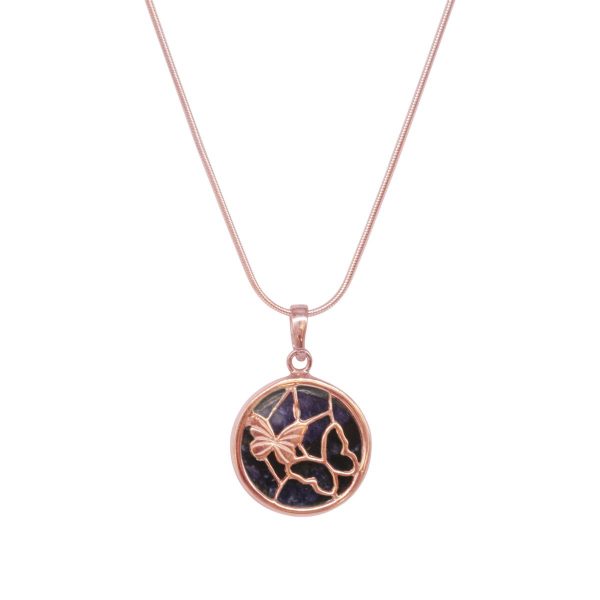 Rose Gold Blue John Round Butterfly Pendant