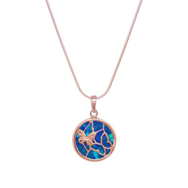Rose Gold Cobalt Blue Opalite Round Butterfly Pendant