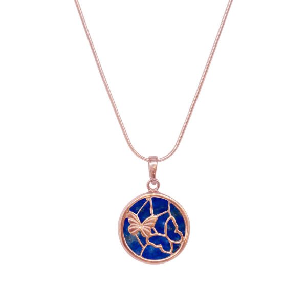 Rose Gold Lapis Round Butterfly Pendant