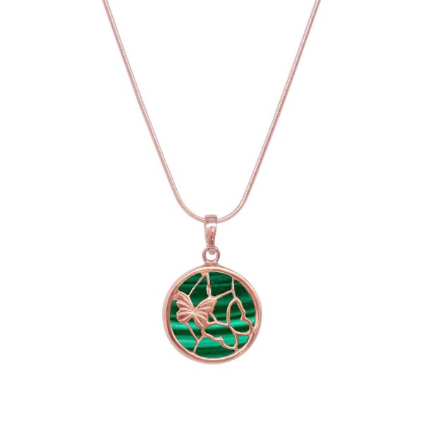 Rose Gold Malachite Round Butterfly Pendant