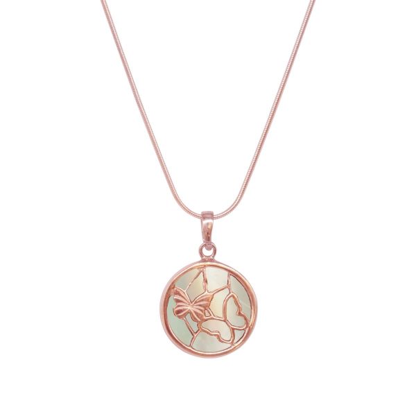 Rose Gold Mother of Pearl Round Butterfly Pendant