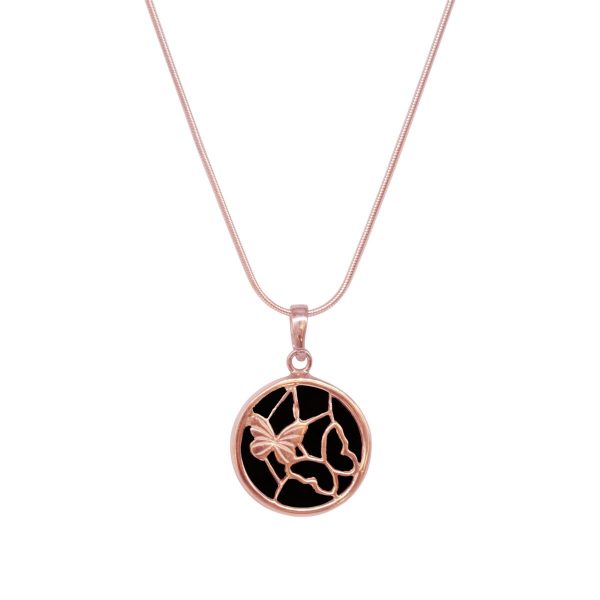 Rose Gold Whitby Jet Round Butterfly Pendant