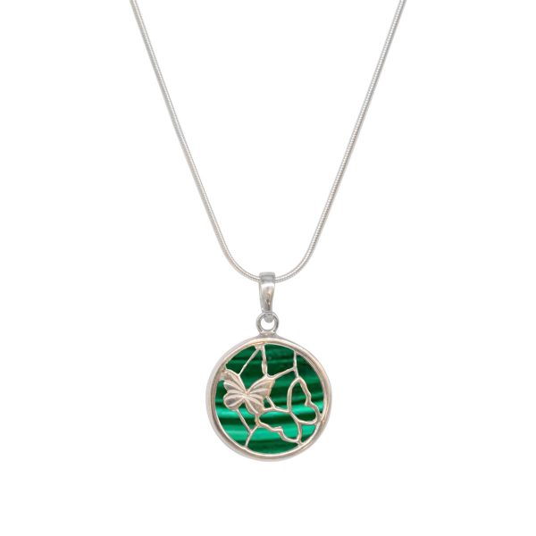 Silver Malachite Round Butterfly Pendant