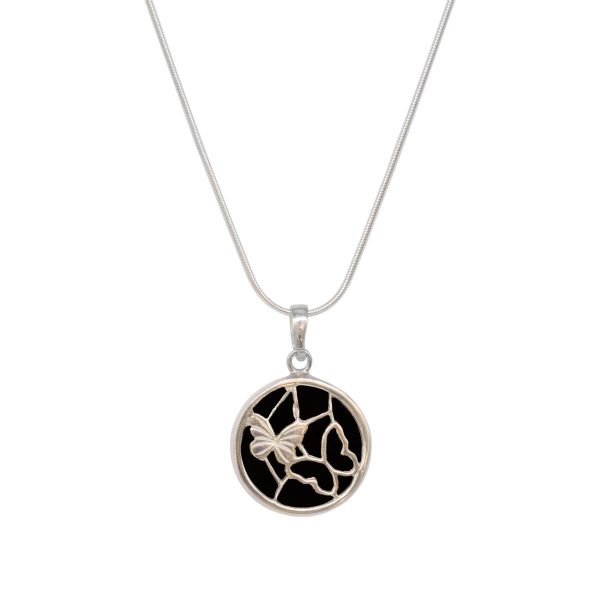 Silver Whitby Jet Round Butterfly Pendant