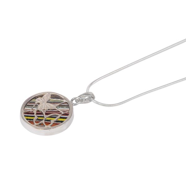 White Gold Fordite Round Double Sided Butterfly Pendant
