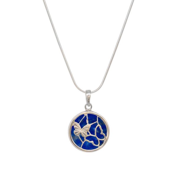 White Gold Lapis Round Double Sided Butterfly Pendant