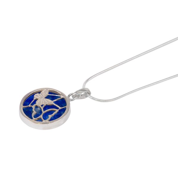 White Gold Lapis Round Double Sided Butterfly Pendant