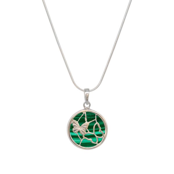 White Gold Malachite Round Double Sided Butterfly Pendant