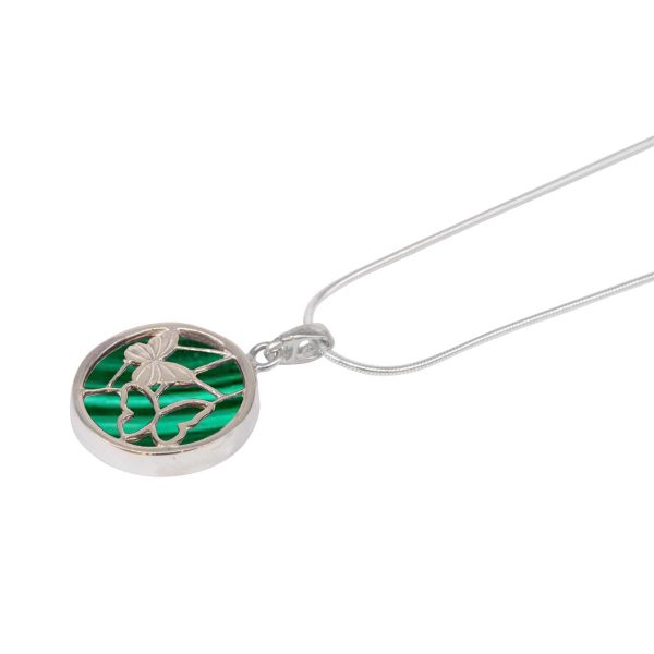 White Gold Malachite Round Double Sided Butterfly Pendant