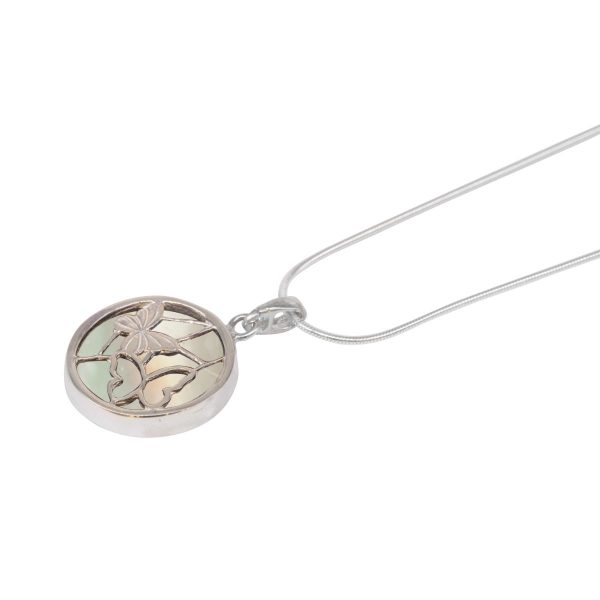 White Gold Mother of Pearl Round Double Sided Butterfly Pendant