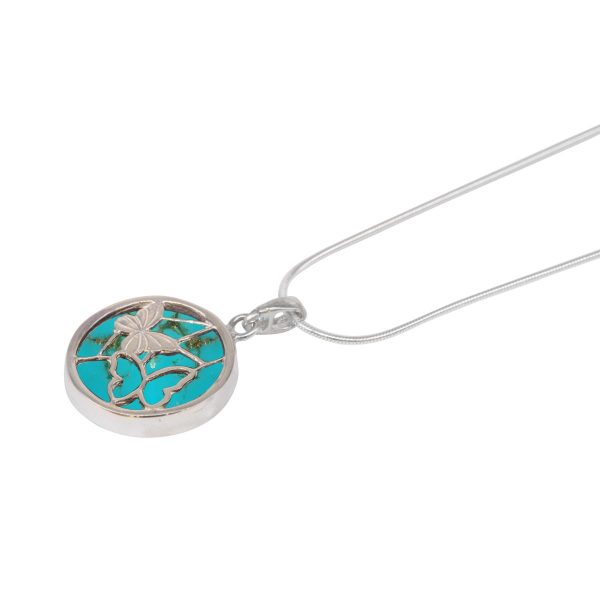 White Gold Turquoise Round Double Sided Butterfly Pendant