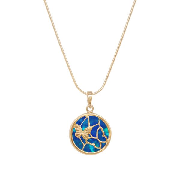 Yellow Gold Opalite Cobalt Blue Round Butterfly Pendant