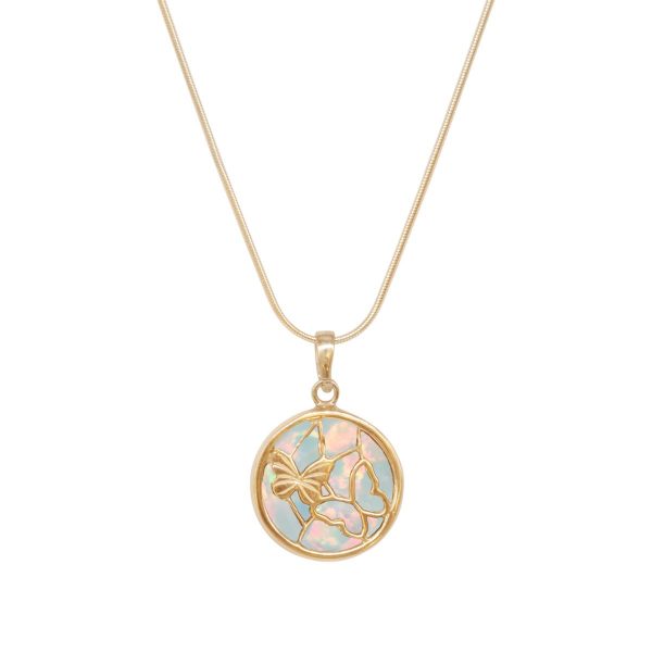 Yellow Gold Opalite Sun Ice Round Butterfly Pendant