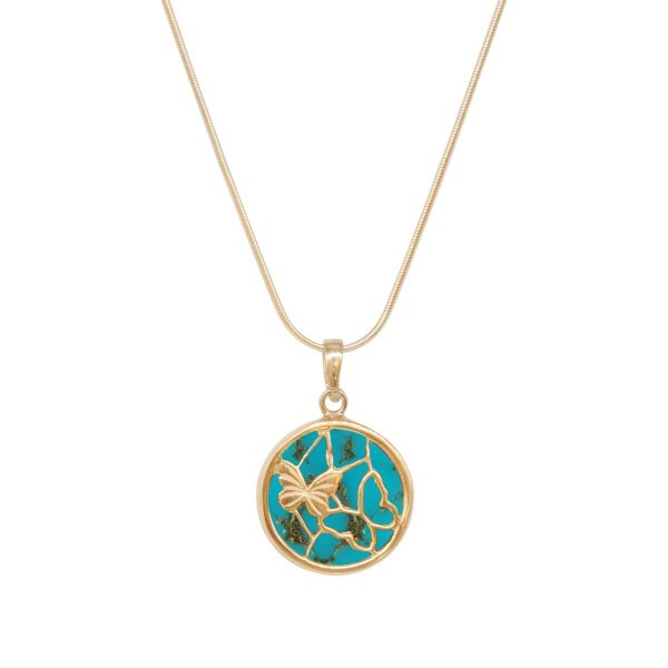 Yellow Gold Turquoise Round Butterfly Pendant