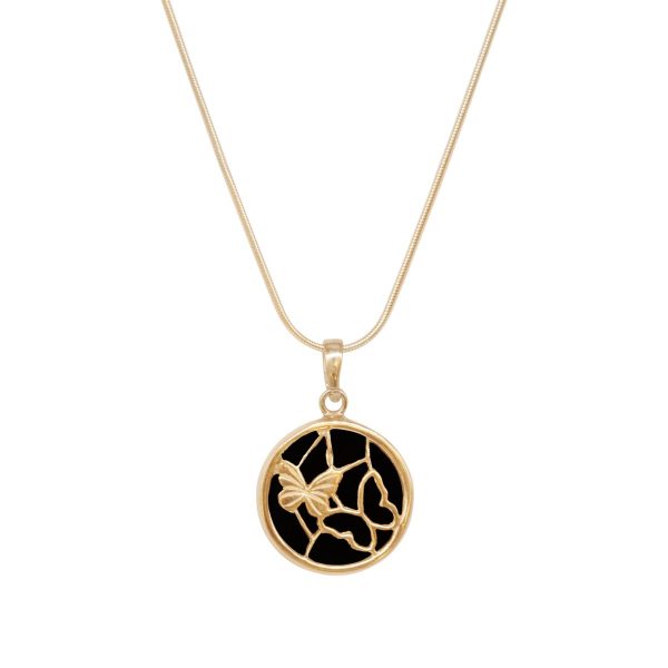 Yellow Gold Whitby Jet Round Butterfly Pendant