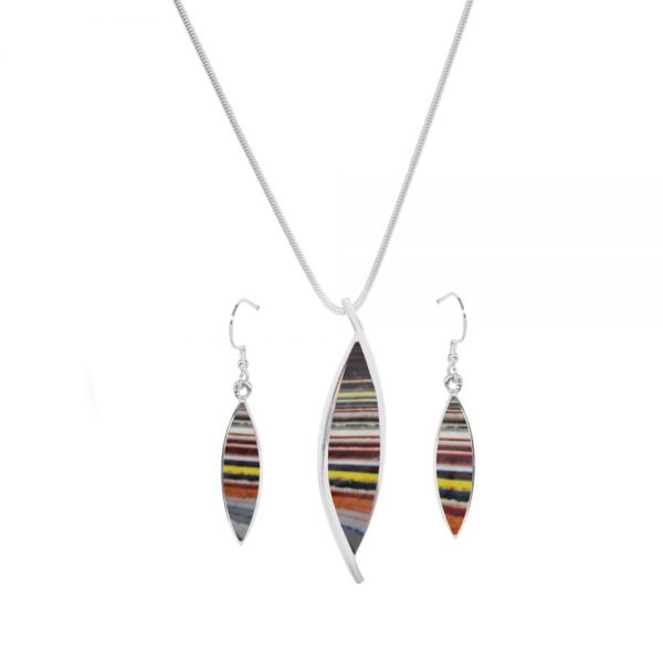 Silver Fordite Pendant and Earring Set