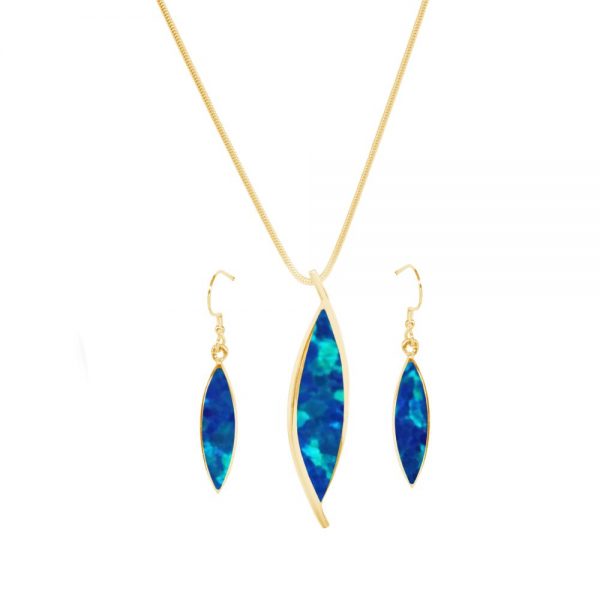 Yellow Gold Cobalt Blue Opalite Pendant and Earring Set