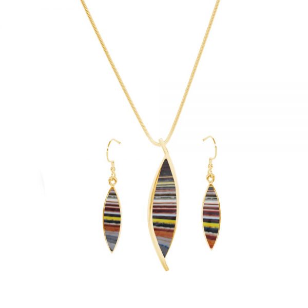 Yellow Gold Fordite Pendant and Earring Set