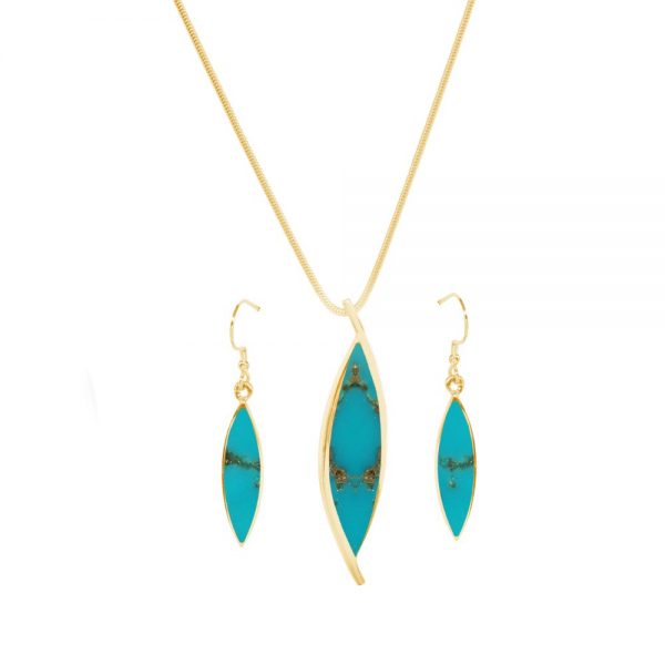 Yellow Gold Turquoise Pendant and Earring Set