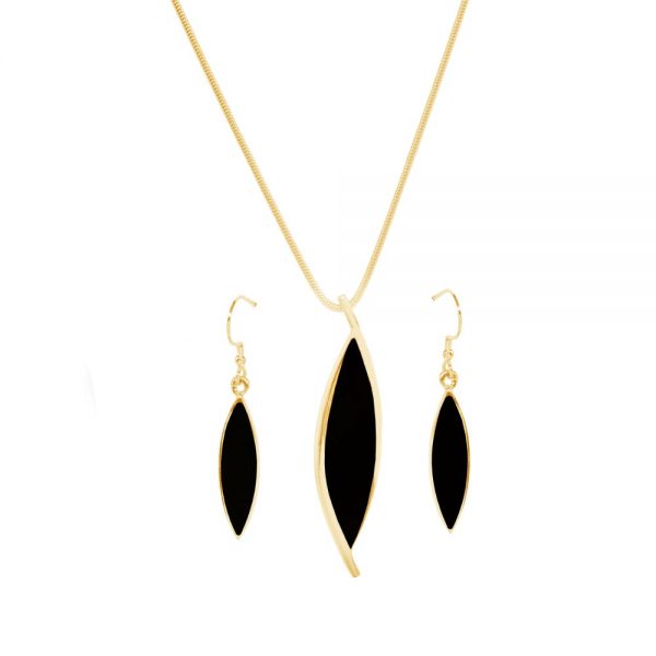 Yellow Gold Whitby Jet Pendant and Earring Set