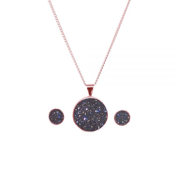 Rose Gold Blue Goldstone Round Pendant and Earring Set
