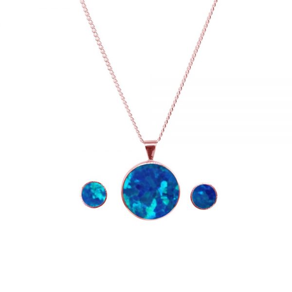 Rose Gold Opalite Cobalt Blue Round Pendant and Earring Set