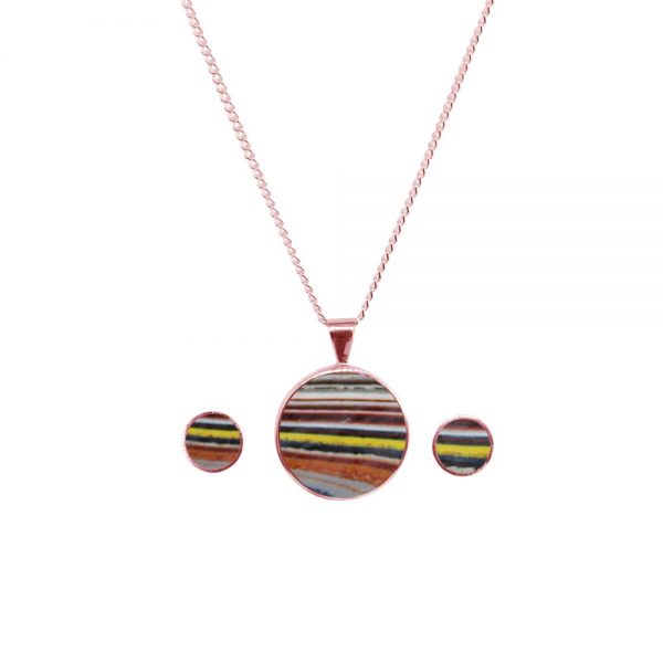 Rose Gold Fordite Round Pendant and Earring Set